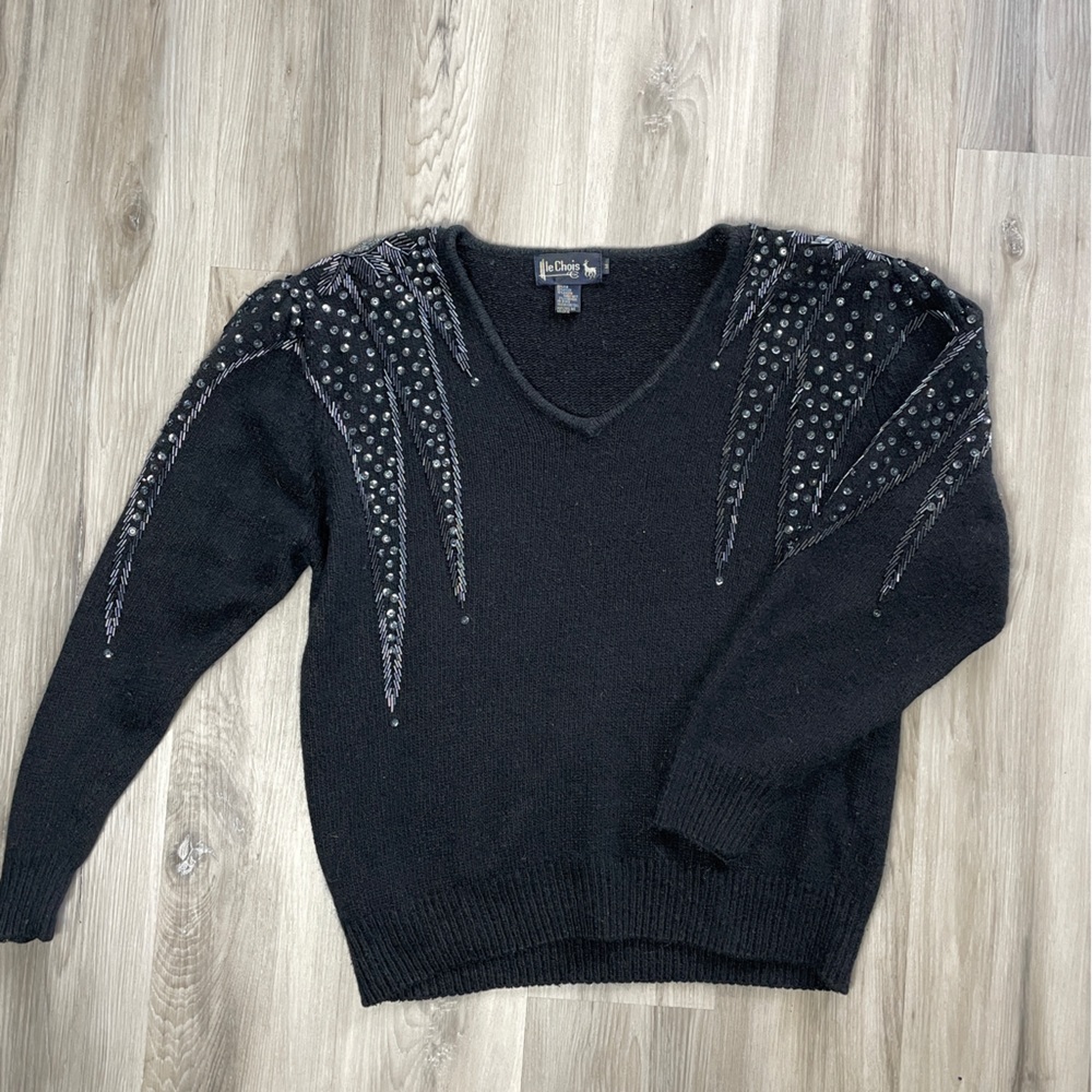 Vintage Le Chois Embellished Beaded Black Angora Wool & Silk Sweater Medium
